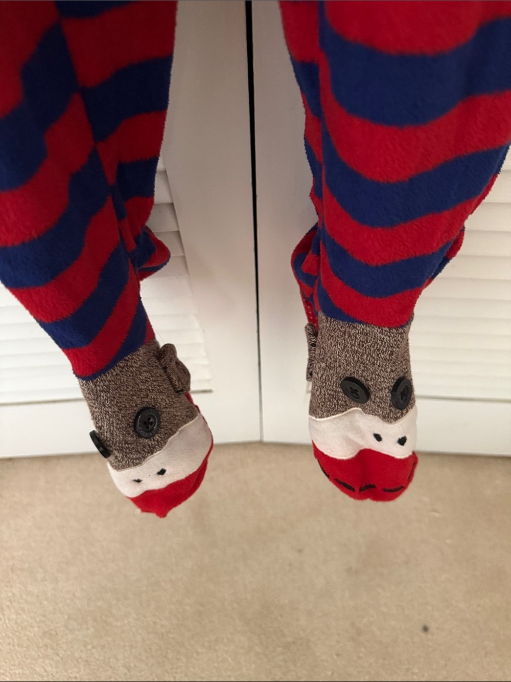Nick & Nora Sock Monkey Red and Navy Striped Footed Jumpsuit - Picture 5 of 7